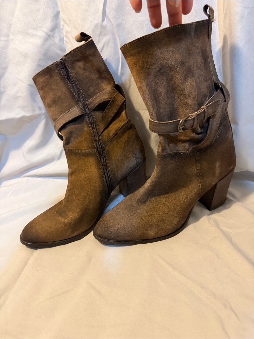 Brown Suede Mid-Calf Heeled Boots with Wrap Strap